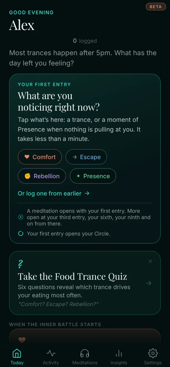 The Trance Tracker — the Today screen, ready for a first entry