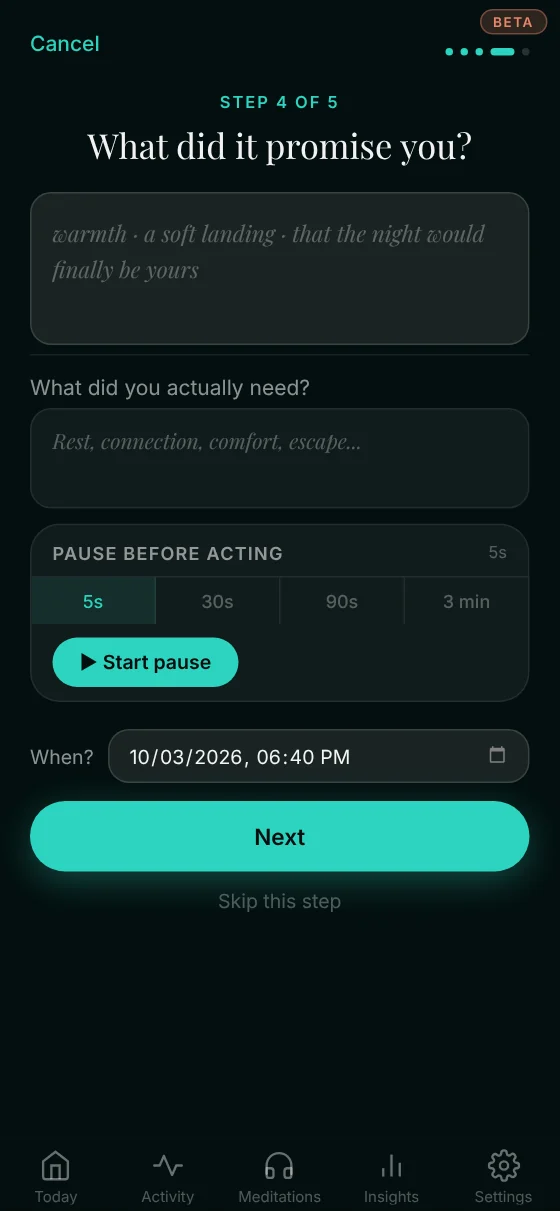 Trance Tracker app — Pause before acting
