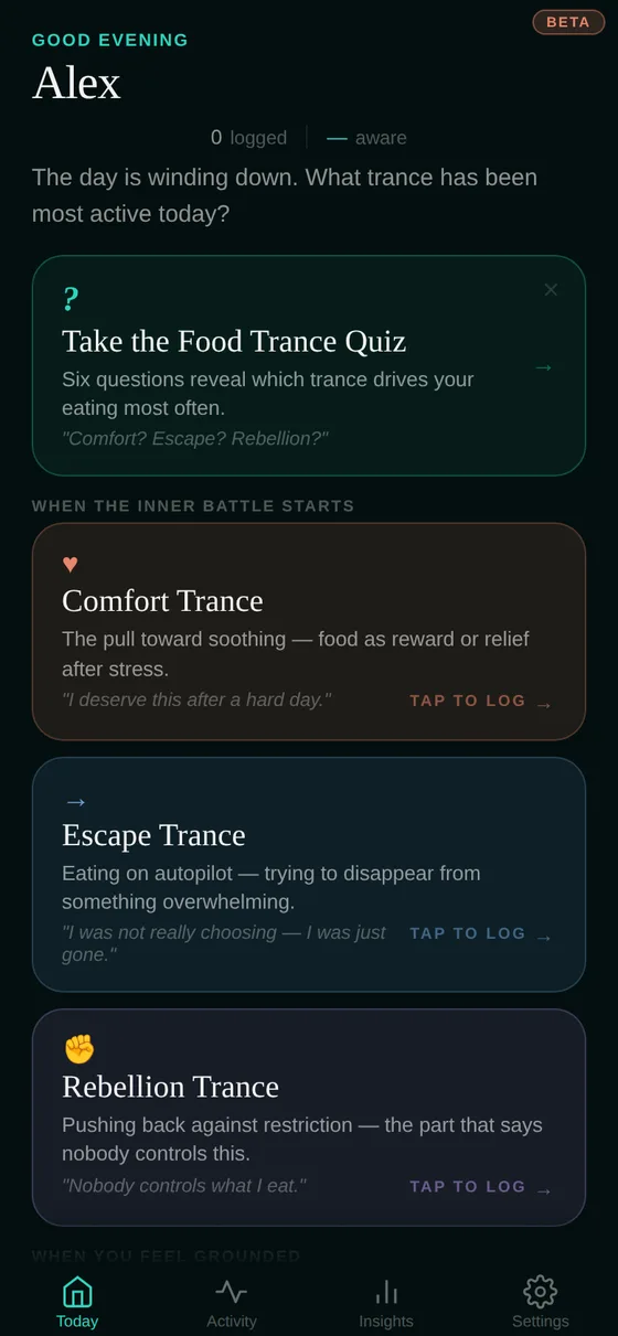 The Trance Tracker — the Today screen, with the three trance cards ready to log