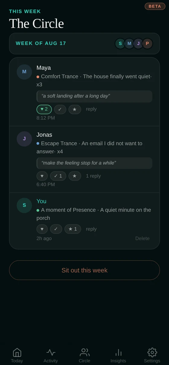 Trance Tracker app — Your circle for the week