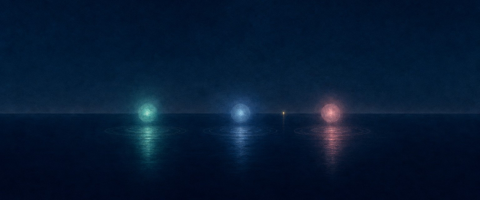 Three glowing orbs over night water