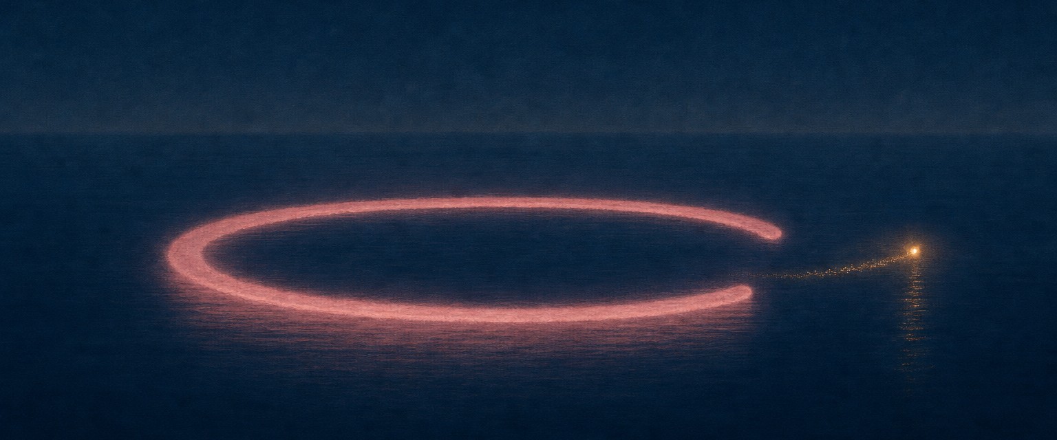 An open ring of rose light on water